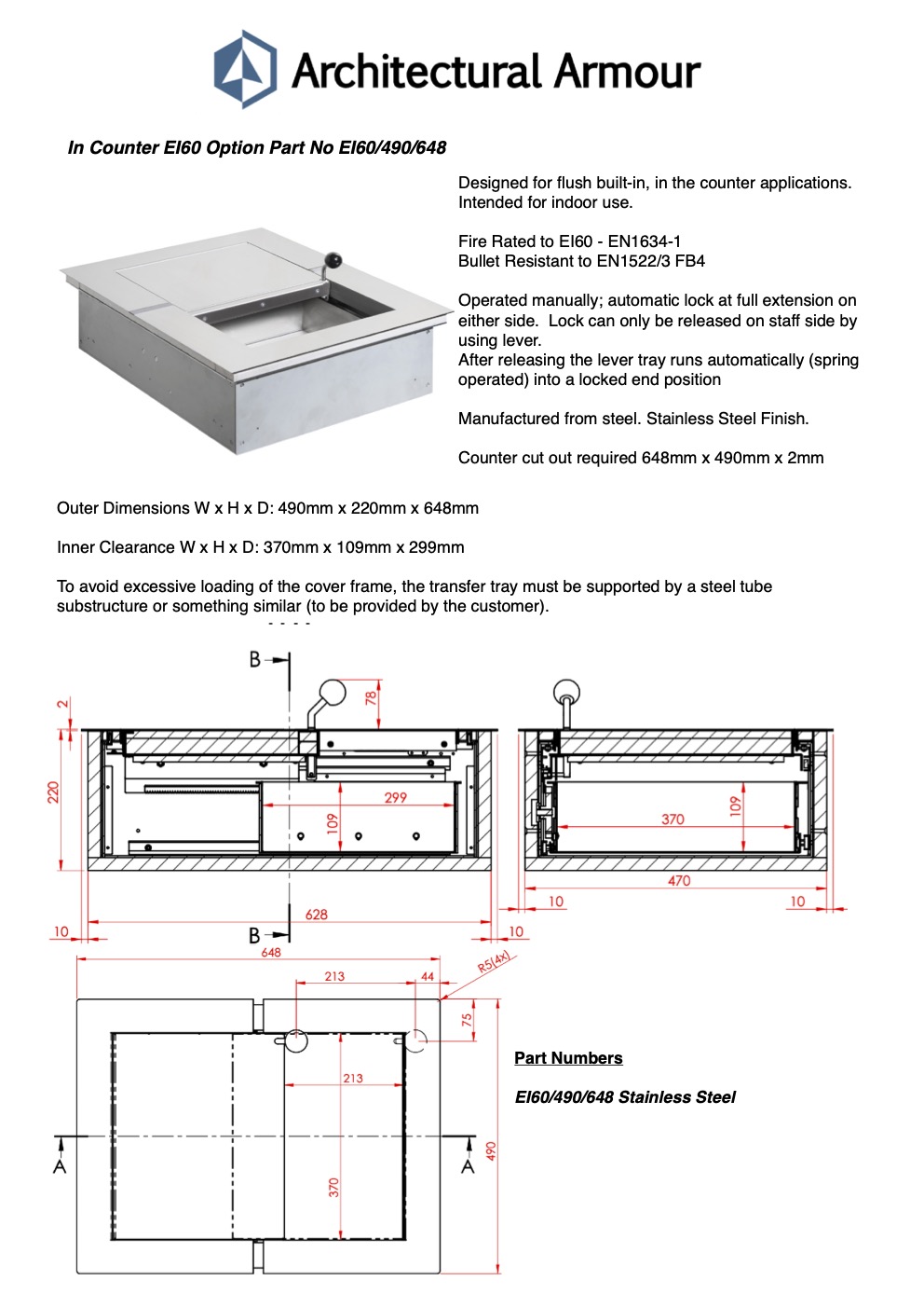 EI60 FR Transaction Tray 60 Minutes Fire Rated