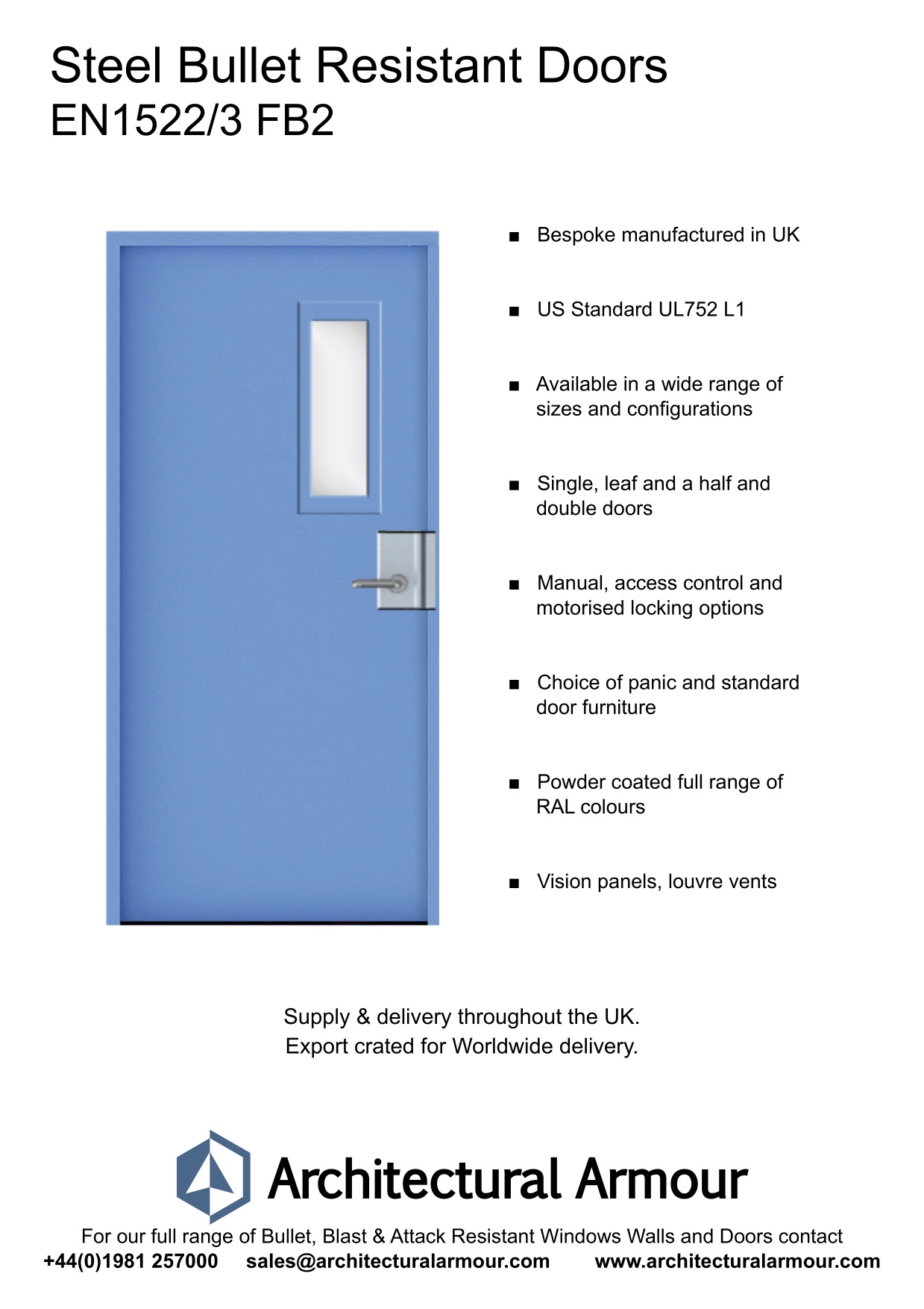 EN1522-3-FB2-Single-Slim-Vision-Panel-Bullet-Resistant-Steel-Door