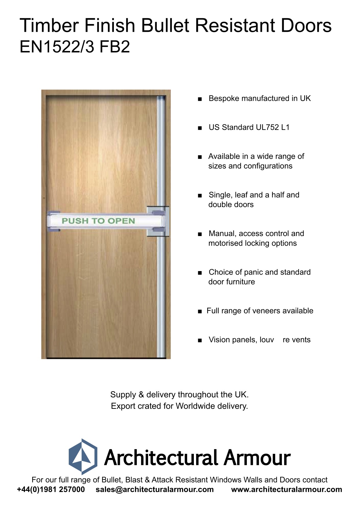 Bullet-Resistant-EN1522-3 FB2-Timber-Finish-Door-Push-Bar-UK