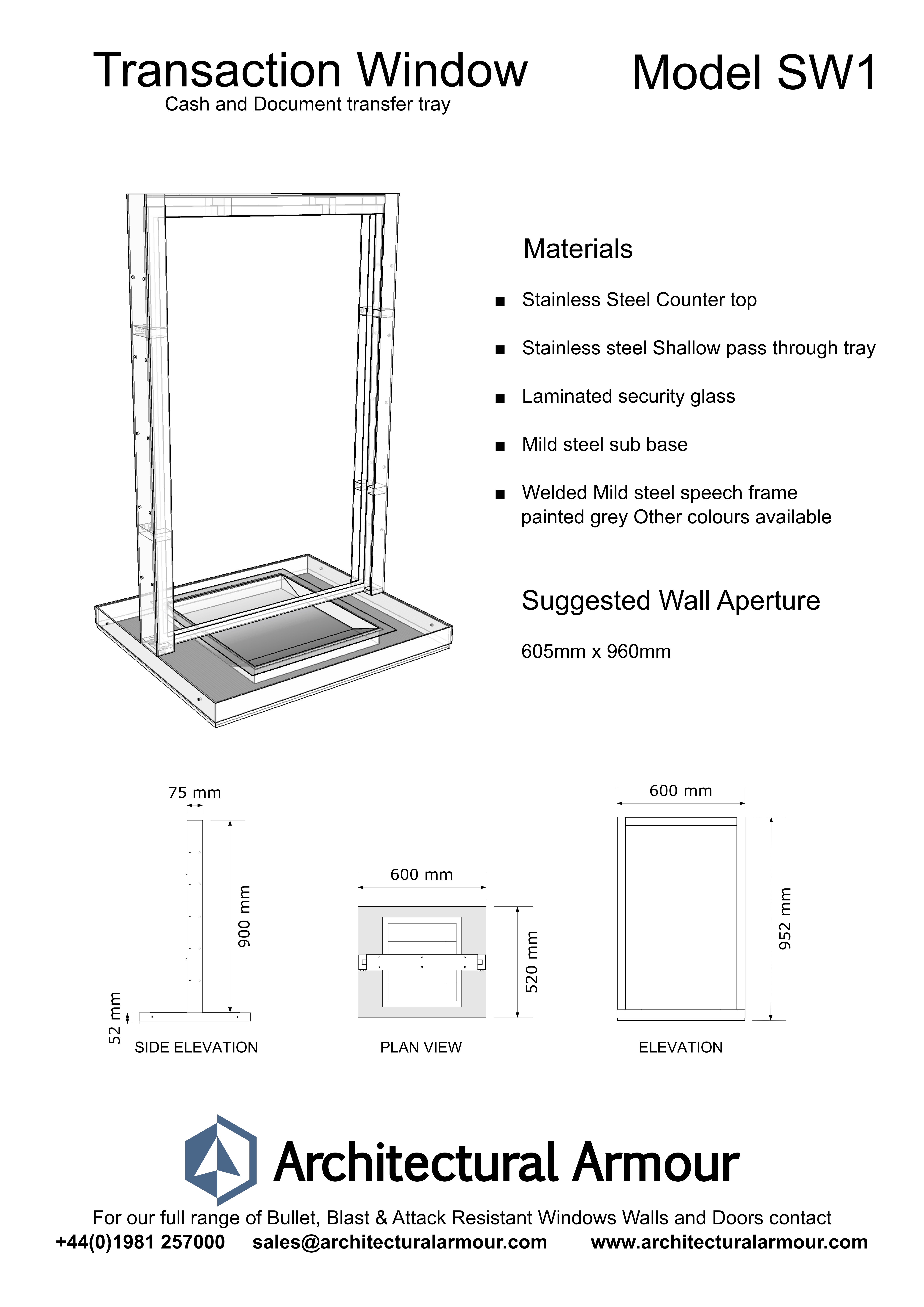 Ticket Transaction Window SW1 Dimensions