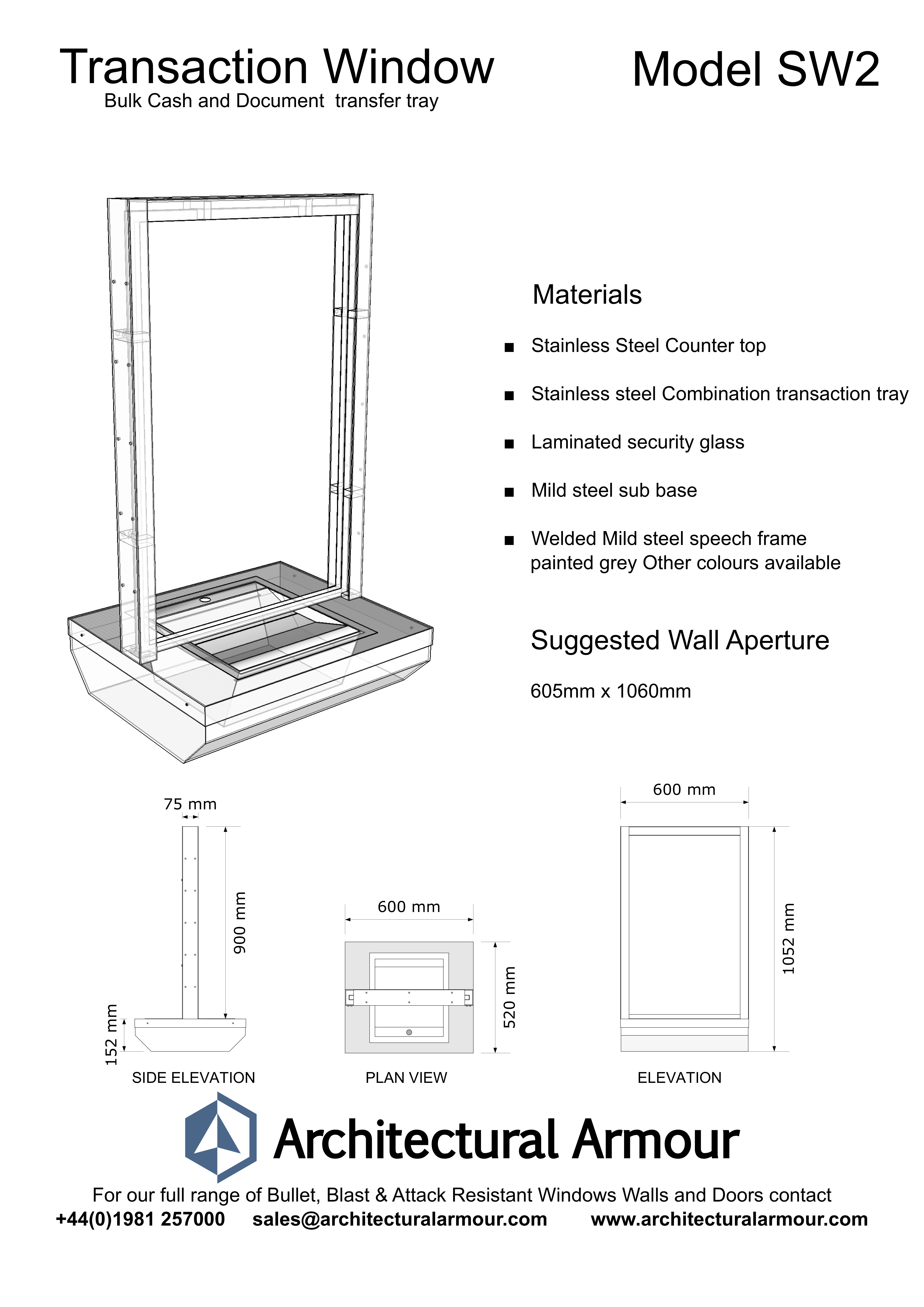 Transaction Pay Window SW2 Dimensions