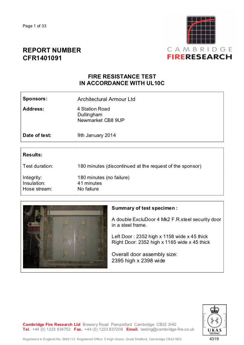 EN1522/3 FB4/LPS 1175 Level 4/UL 10C fire test report